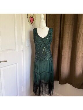Fundaisy Green Beaded Sequin Fringe Flapper Dress Art Deco Gatsby 1920s L